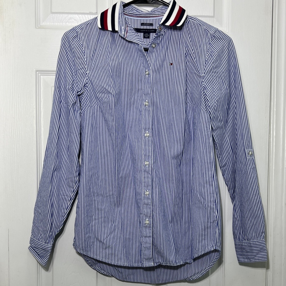 Tommy Hilfiger Women Blue and White Striped Button-Down Long Sleeve Shirt